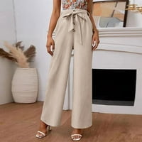 Ženske pamučne lanene hlače, modne ljetne obične Ležerne hlače s elastičnim elastičnim strukom, duge hlače u bež