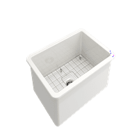 Porculanske Pločice. Kuhinjski sudoper s jednom zdjelom sa zaštitnom donjom rešetkom i cjedilom u bijeloj boji