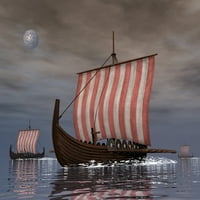 Vikinški Brodovi Drekar koji plove noćnim oceanom ispis plakata