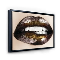 Dizajnerska umjetnost grizenje zlatnih usana crnim usnama Moderni uokvireni zidni otisak na platnu