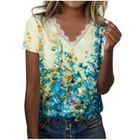 Čipkasta majica s izrezom i printom flore za žene, ljetne majice kratkih rukava, elegantne Ležerne ženske osnovne
