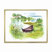 Designart 'ruralni zeleni krajolik s brodom u jezeru' jezero kuću uokvirena platno zidni umjetnički tisak