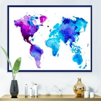 DesignArt 'Plava i Purple Map of the World' Modern uokvireni platno zidni umjetnički tisak